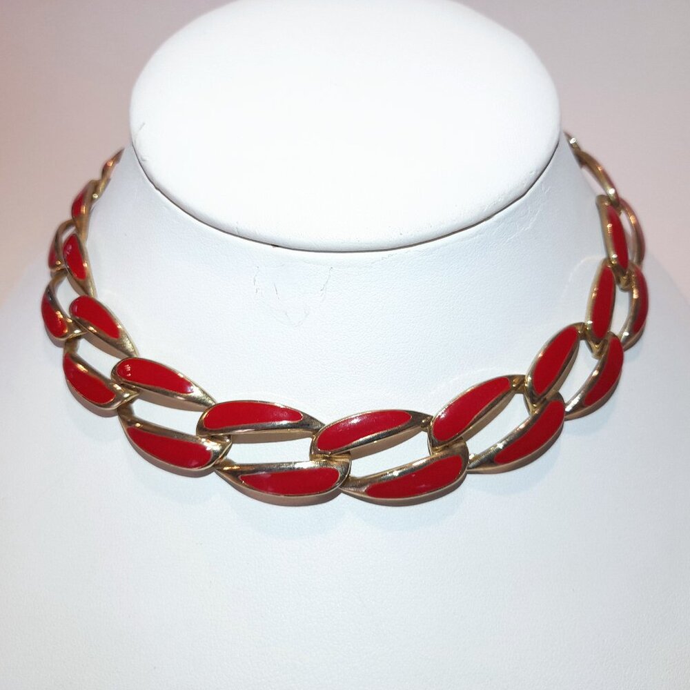 Vintage 80s Necklace Red Enamel Gold Tone Large Links Made in Korea